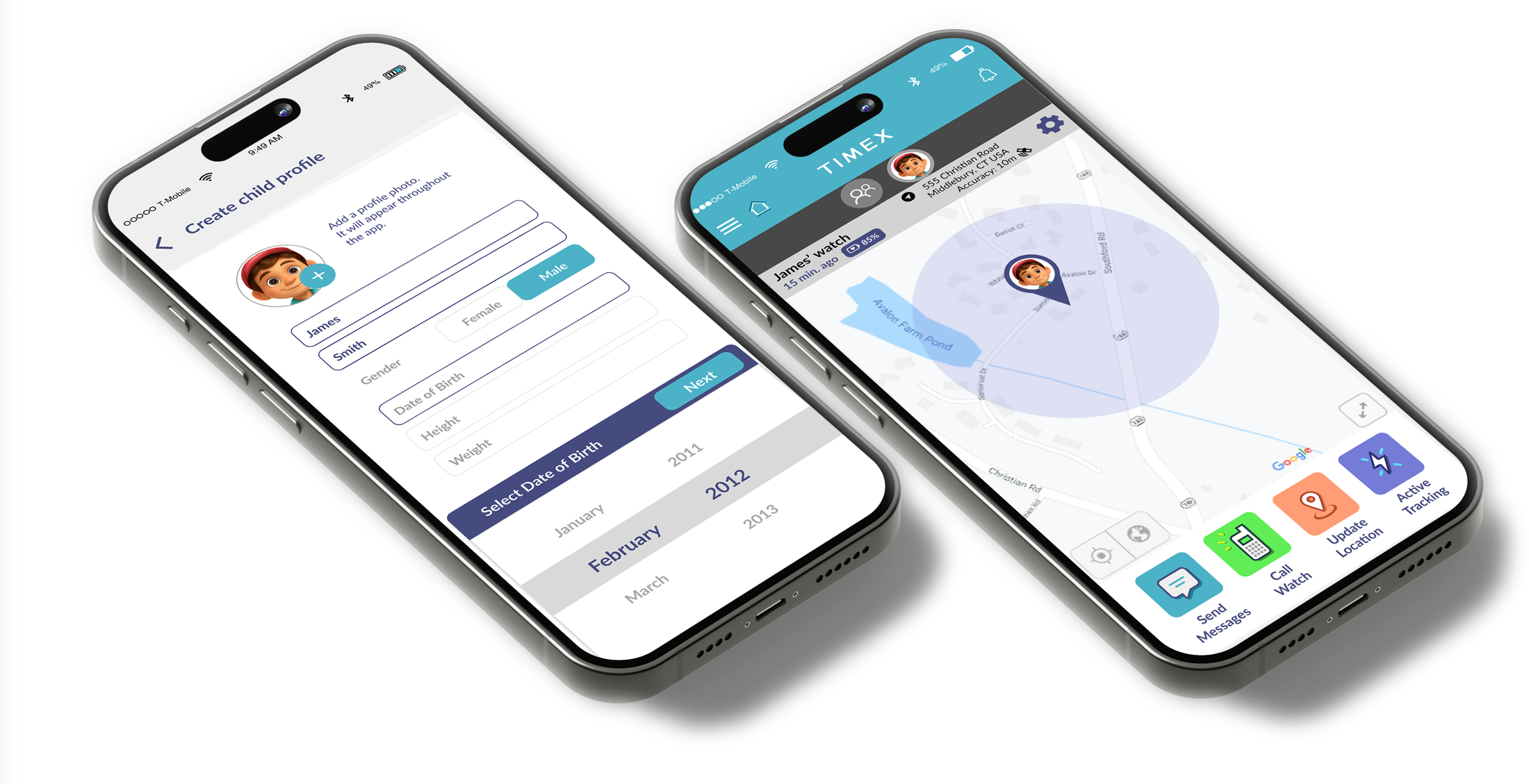 FamilyConnect watch and companion app screens
